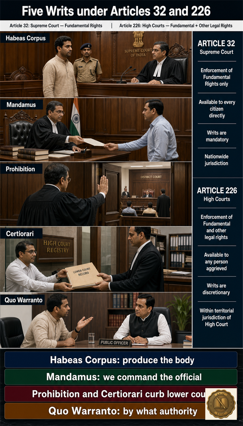 A five-cell vertical recap card where each cell shows one cinematic Indian courtroom vignette for one writ - a detainee being produced, an officer being commanded, a lower court being restrained, a lower court's order being collected for review, and a person being questioned about their authority.