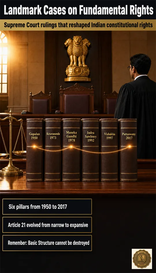 A hushed Supreme Court of India interior at dawn where six dossier folders stand on a wide oak bench, each spine marked with a case year, signalling a seven-decade arc of FR jurisprudence.