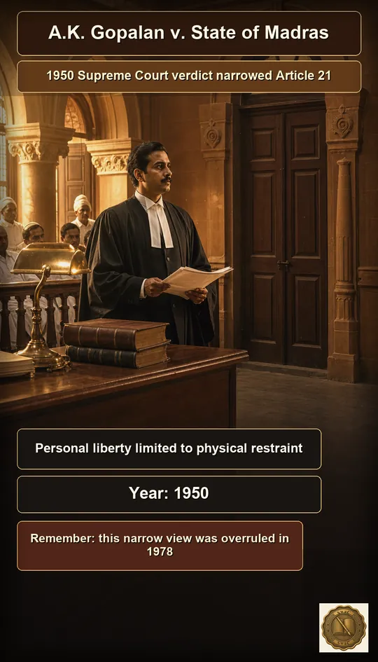 A 1950 Madras High Court interior at golden hour, a single advocate clutching a preventive-detention writ at the bar, a closed teak door behind him symbolising the narrow reading of liberty.