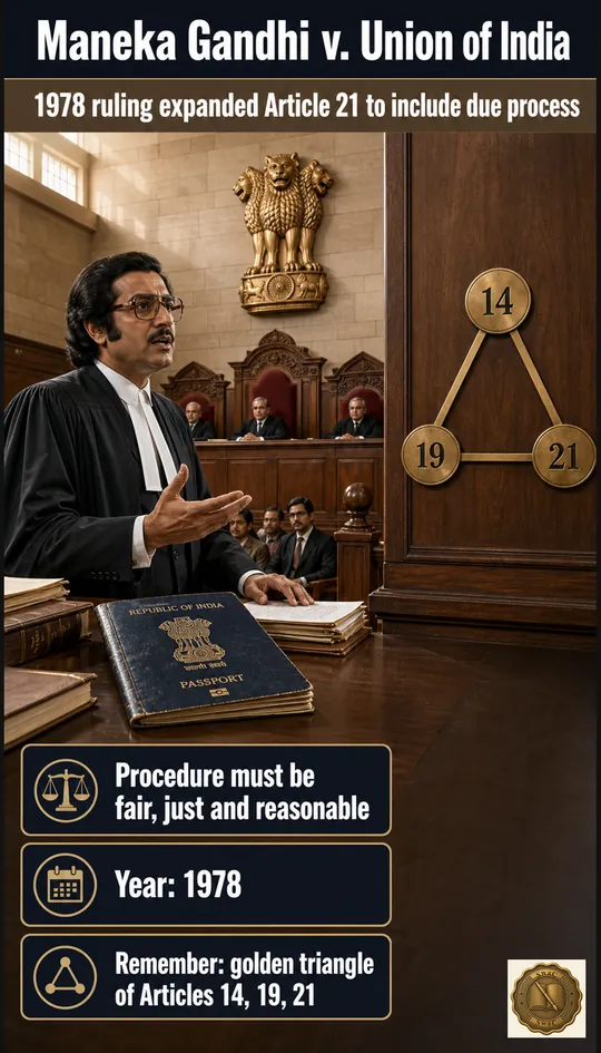 A late-1970s Supreme Court chamber at noon: a confiscated dark-blue Indian passport on the bench, three brass plaques etched 14 and 19 and 21 forming a triangle on a side panel, an Indian advocate gesturing toward the triangle.