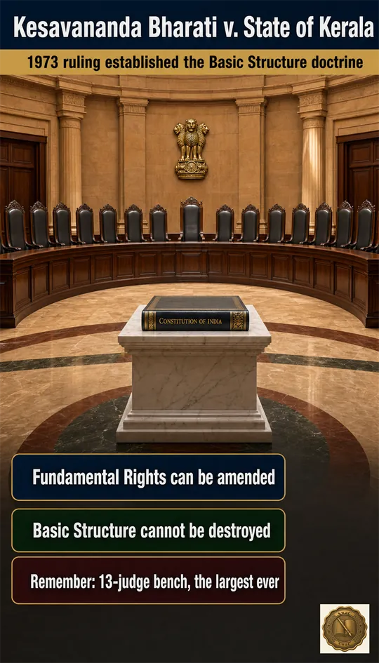 A grand Supreme Court chamber with the largest bench ever assembled: thirteen empty high-backed leather chairs in a wide semicircle, a single bound Constitution of India volume at the centre on a marble pedestal, light catching its gilded spine.