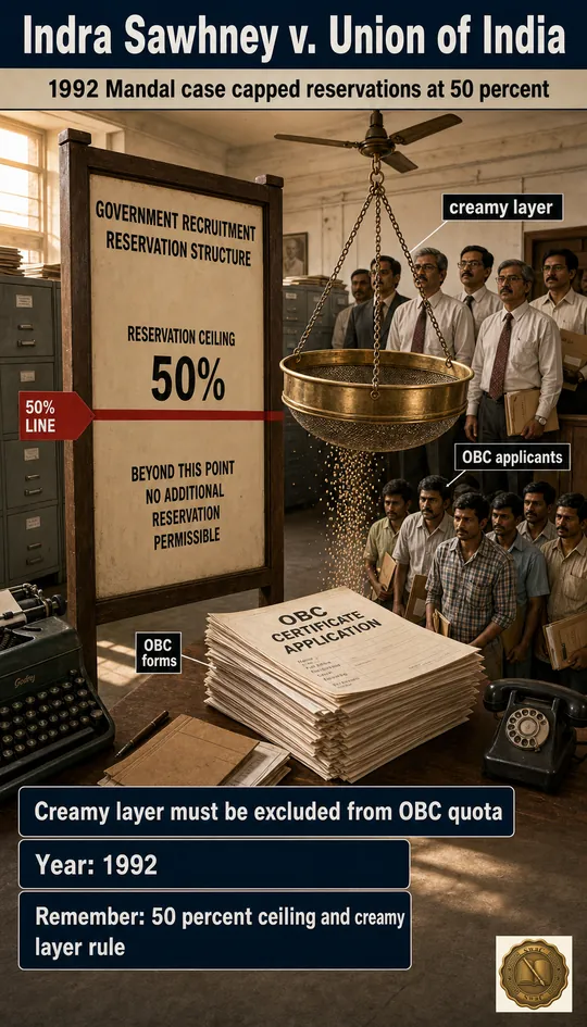 An early-1990s government recruitment hall: a tall recruitment notice board ruled at 50 percent height, a sieve mechanism above it visibly separating richer 'creamy layer' candidates from the OBC pool below.