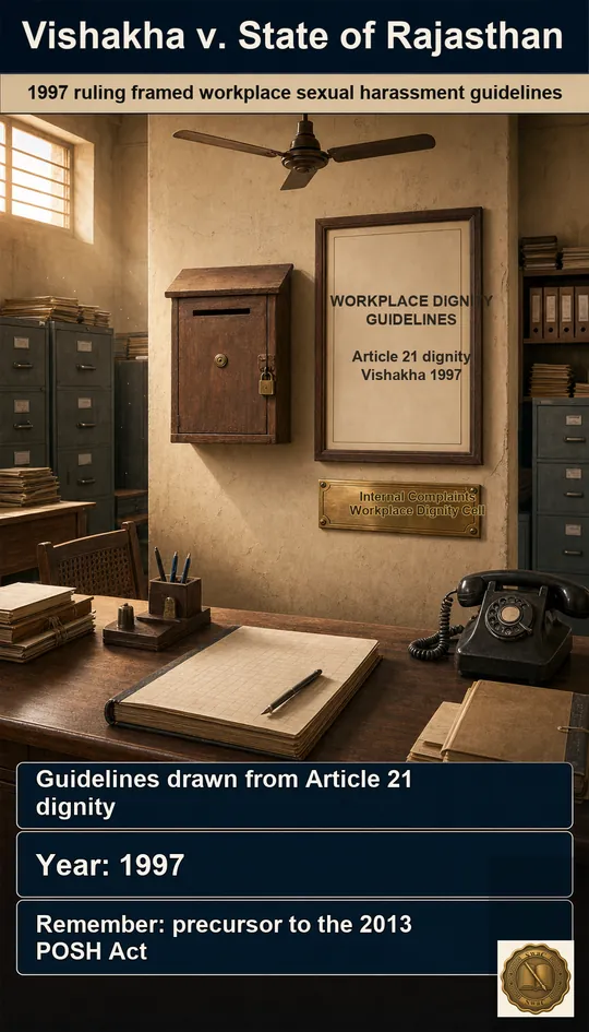 A 1997 Rajasthan government office: a wooden complaints box mounted on the wall, a printed Vishakha-guidelines poster framed beside it, a brass nameplate engraved 'Internal Complaints Workplace Dignity Cell'.