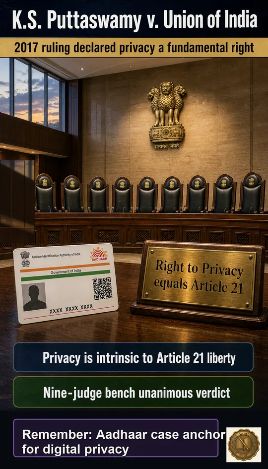 A modern Supreme Court chamber at dusk: nine empty high-backed leather chairs in an arc, a single Aadhaar enrolment card and a brass plaque etched 'Right to Privacy equals Article 21' on a polished bench at centre.