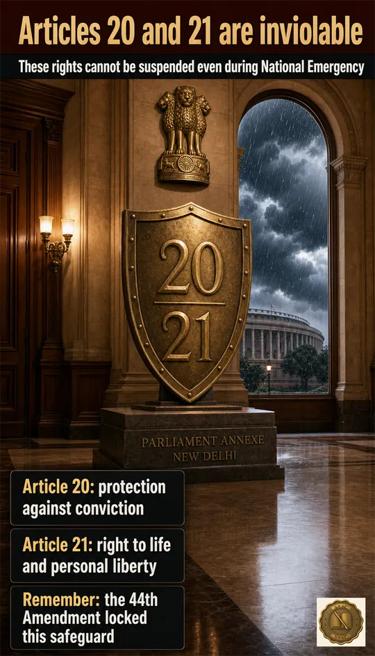 A single tall brass shield standing on a polished stone pedestal in the Parliament Annexe interior, the shield deeply engraved with the numerals 20 and 21, a turbulent monsoon storm visible through the window behind it symbolising the National Emergency.