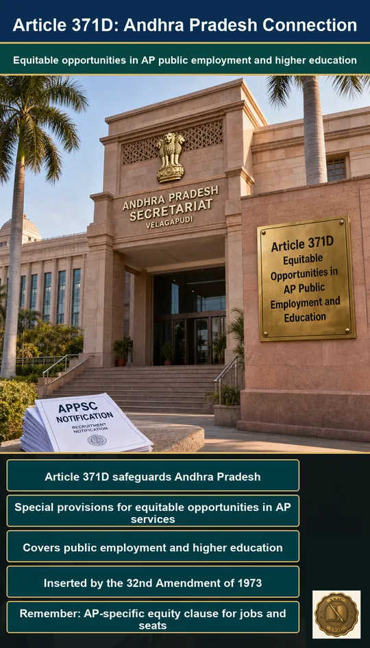 The Andhra Pradesh Secretariat building (Velagapudi) in warm morning light, a brass plaque mounted at the entrance engraved 'Article 371D Equitable Opportunities in AP Public Employment and Education', a stack of APPSC notification papers visible on a stone bench beside the entrance.