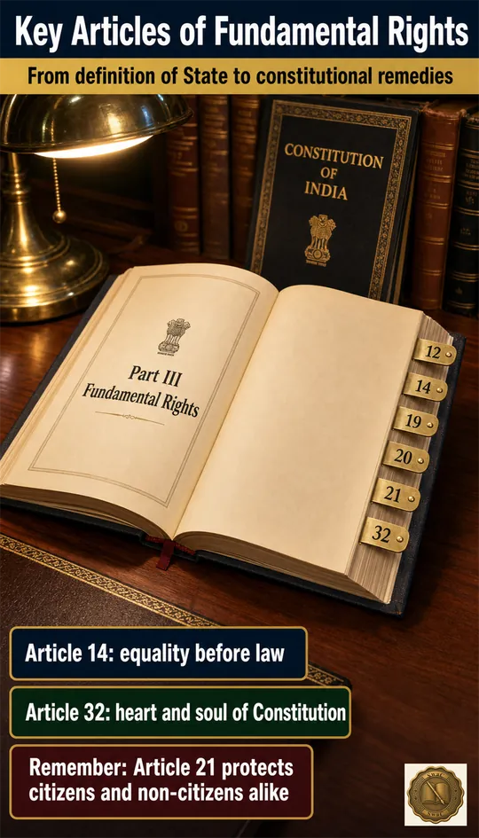 A bound Constitution of India volume lying open on a polished teak study table, the visible left page showing 'Part III Fundamental Rights' headline, brass article-tabs protruding from the right edge marking the major articles, a warm reading lamp illuminating the page.