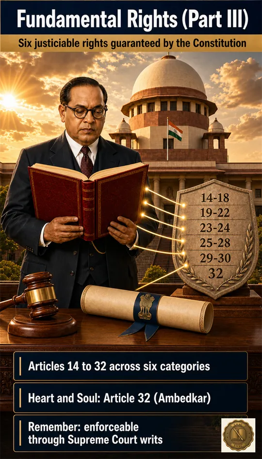 Part III is a vault of six justiciable rights guarded by Article 32 — Ambedkar handing the Constitution and pointing to the Supreme Court as enforcer.