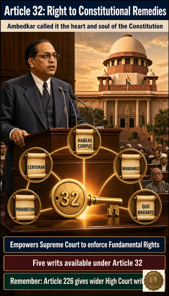 Ambedkar at the Constituent Assembly podium with the Indian Supreme Court rising behind him — Article 32 as the single key that activates every Fundamental Right.