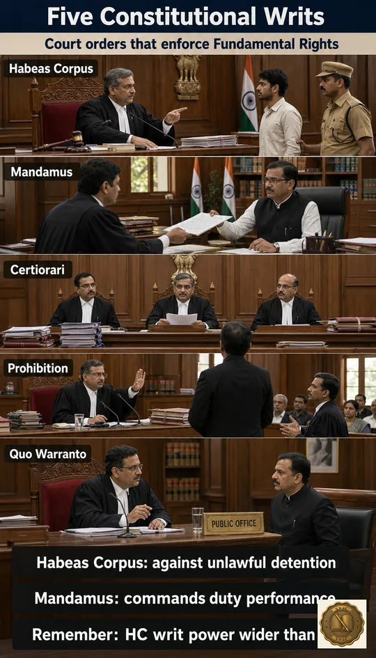 Five photoreal courtroom mini-scenes arranged as a vertical column — each writ a scene of its actual remedy in action with a short label.