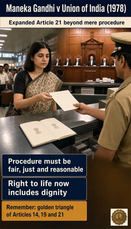 A late-1970s Indian airport passport-impoundment scene with the Indian Supreme Court bench in the background — the case that turned procedure into substantive due process.