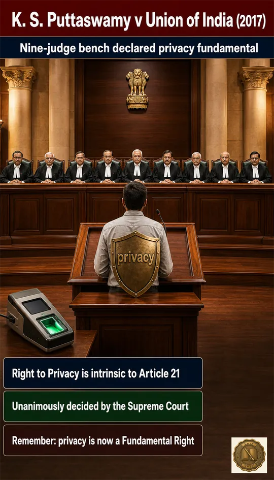 The contemporary Indian Supreme Court interior with a nine-judge bench arranged in a single row, a shield labelled privacy and a single citizen at the lectern.