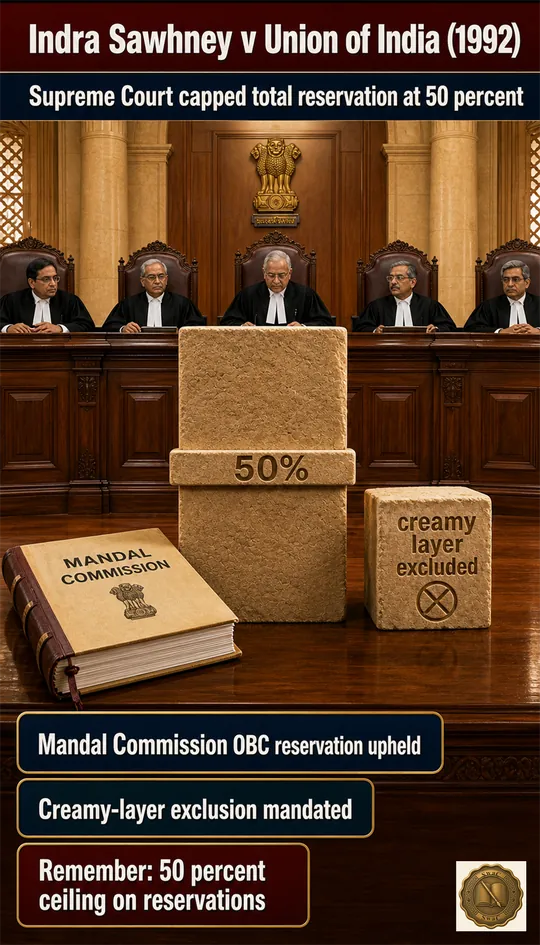 Indian Supreme Court bench with a clearly drawn 50 percent horizontal bar on a marked stone slab — a literal ceiling on reservation.