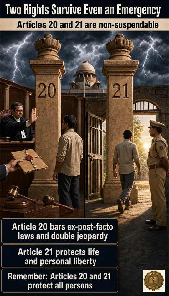 Two cells side-by-side under a stormy emergency sky — Article 20 (protection in criminal procedure) and Article 21 (life and personal liberty) standing as twin pillars no Emergency can topple.