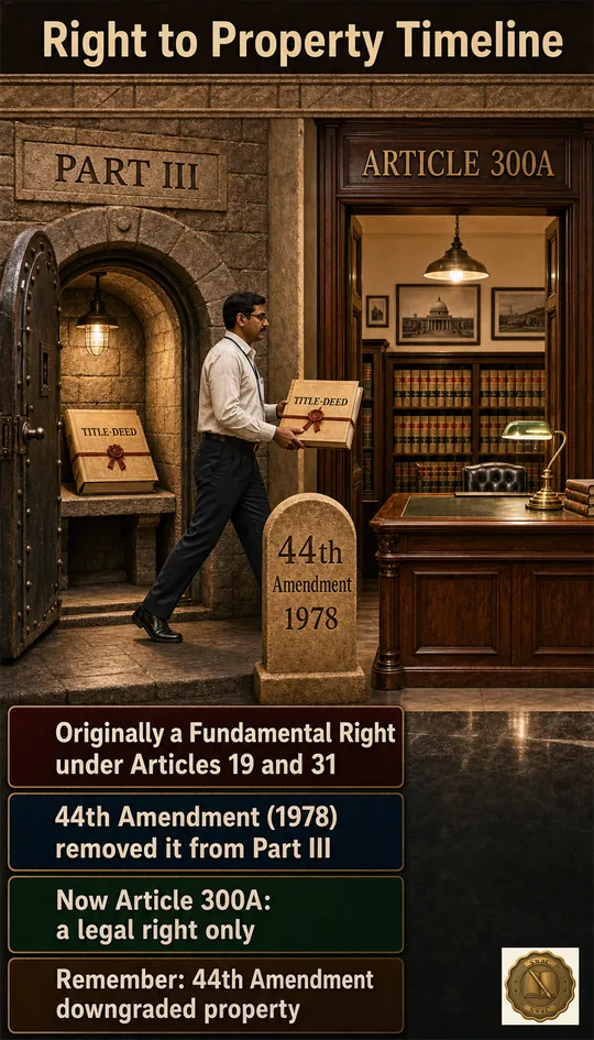 A two-cell before-and-after timeline — a Part III vault holding a property title-deed in 1949, then a separate Article 300A ledger room receiving the same deed after 1978.