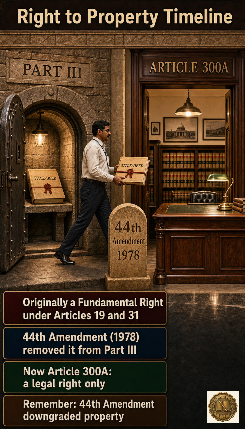 A two-cell before-and-after timeline — a Part III vault holding a property title-deed in 1949, then a separate Article 300A ledger room receiving the same deed after 1978.