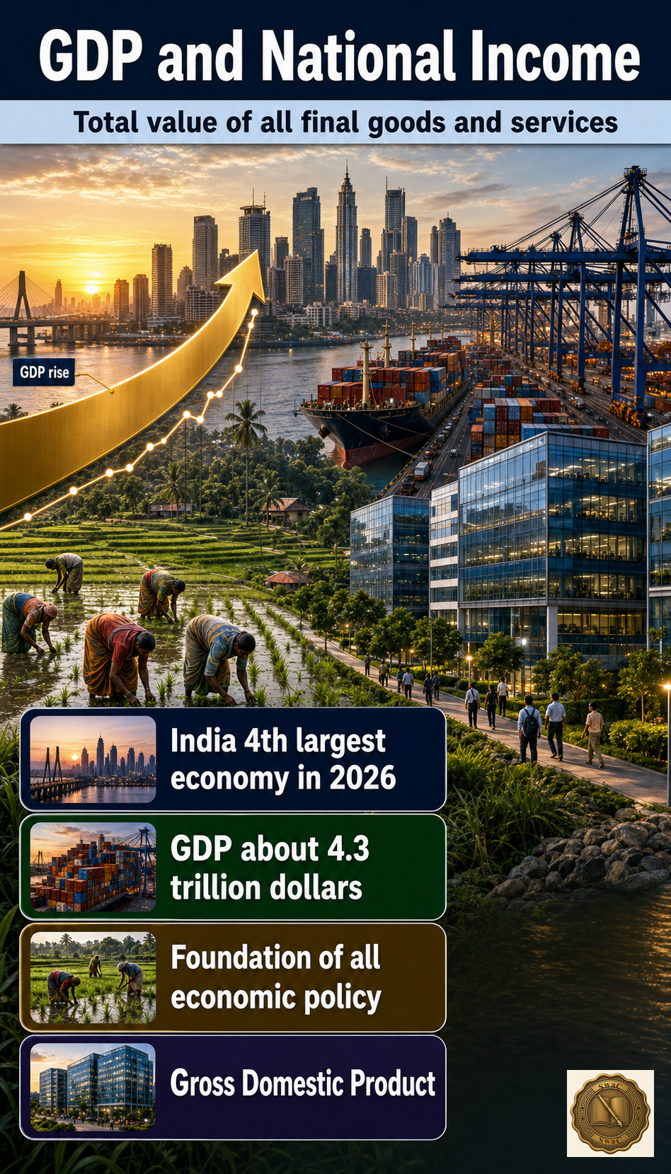 GDP is the single number that sums everything a nation produces in a year — farm, factory, port and office together.
