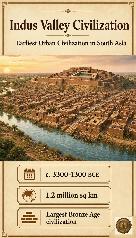 South Asia's first city dawn — Indus river, baked-brick grid, and raised citadel together forming one Bronze Age skyline.