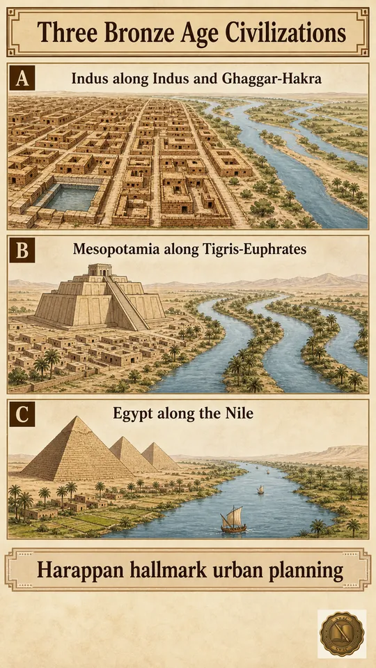Three contemporary Bronze Age civilizations on three river systems, with the Harappan one set apart by planning, not pyramids.