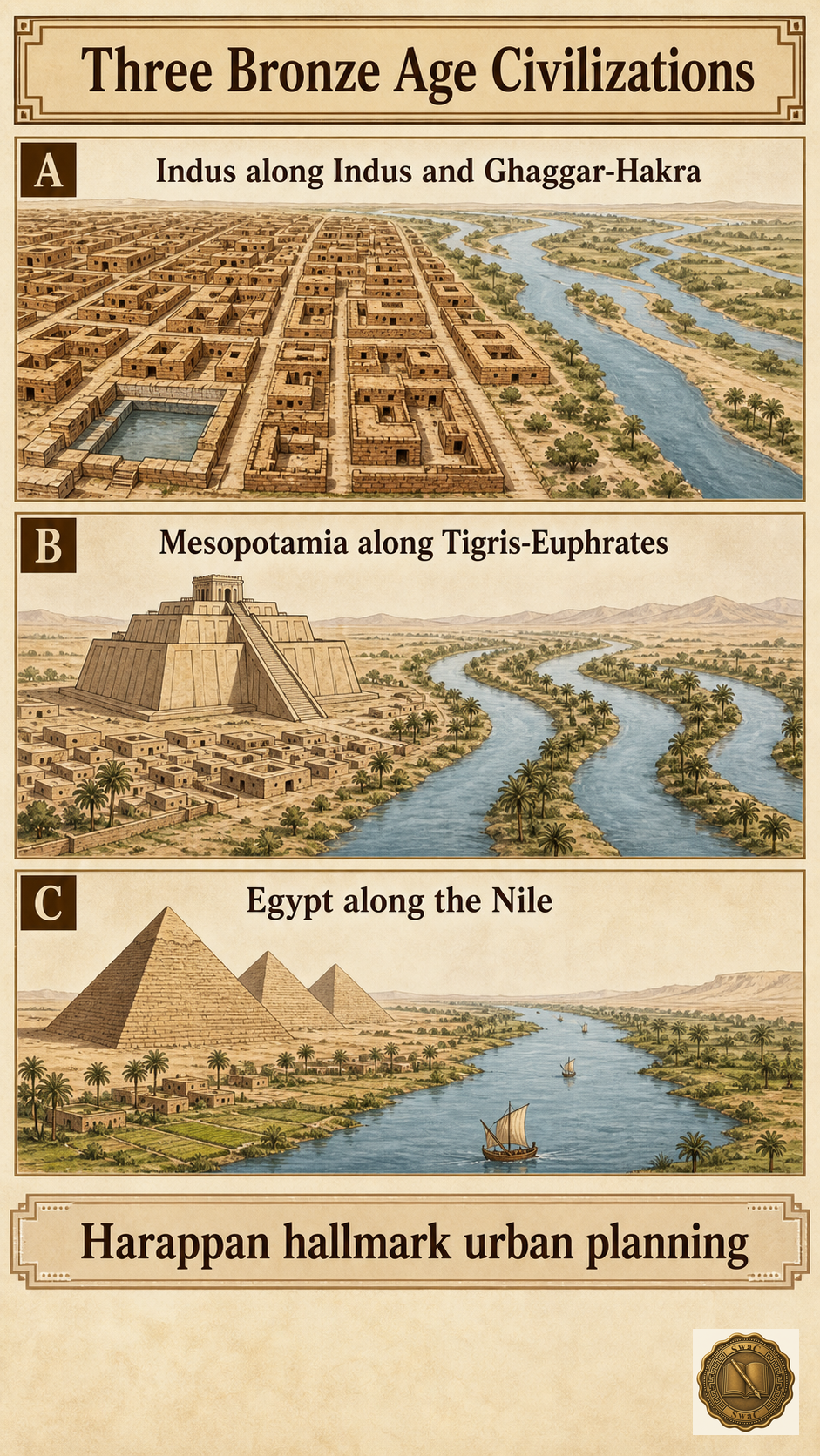 Three contemporary Bronze Age civilizations on three river systems, with the Harappan one set apart by planning, not pyramids.