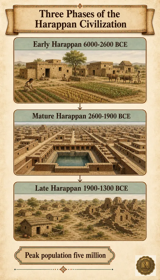 Three Harappan eras flowing top-to-bottom: farming village, planned city, dispersed hamlet — each anchored to a date band and a defining motif.