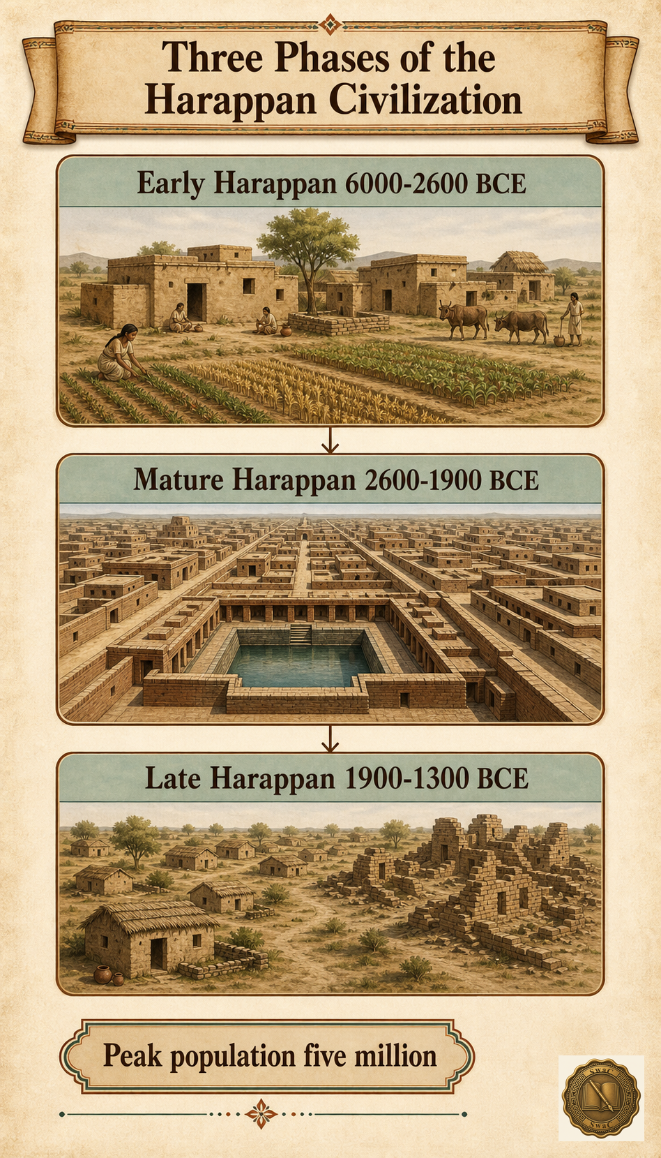 Three Harappan eras flowing top-to-bottom: farming village, planned city, dispersed hamlet — each anchored to a date band and a defining motif.