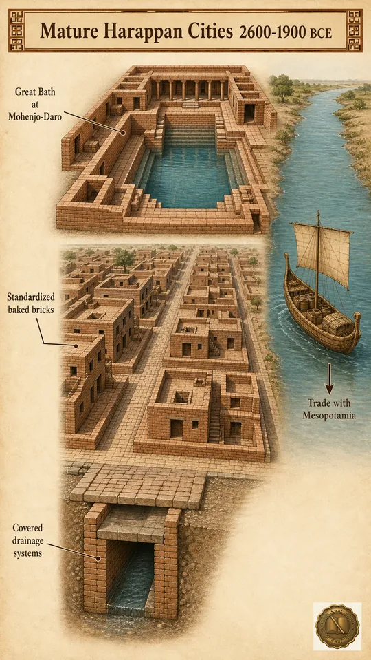 The Mature Harappan city as a planning showcase — Great Bath, standardized bricks, covered drains, gridded streets — connected by trade to Mesopotamia.