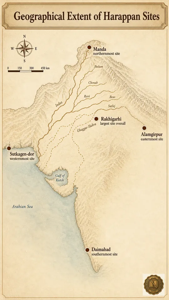 A diamond-shaped Harappan envelope with Manda at the north tip, Daimabad at the south tip, Sutkagen-dor at the west, Alamgirpur at the east, and Rakhigarhi sitting near the centre on the Ghaggar-Hakra.