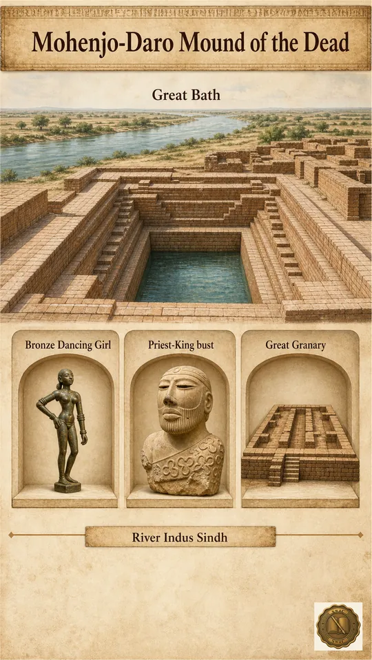 A Mohenjo-Daro discovery board: the Great Bath at the centre, with the Dancing Girl figurine, Priest-King bust and Great Granary platform arranged as named exhibits.