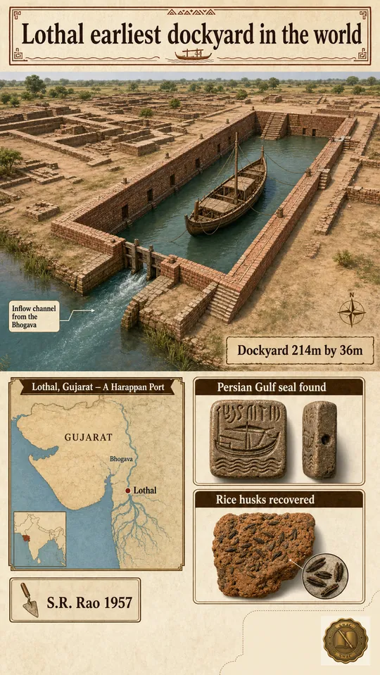 Lothal as the Harappan port: a rectangular brick dockyard on the Bhogava with a Persian Gulf seal and rice husks defining its maritime-trade identity.