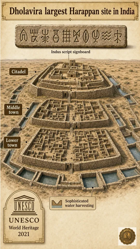 Dholavira as the three-tier desert city: citadel, middle town, lower town, framed by stone-built reservoirs and crowned by a ten-sign Indus script signboard.