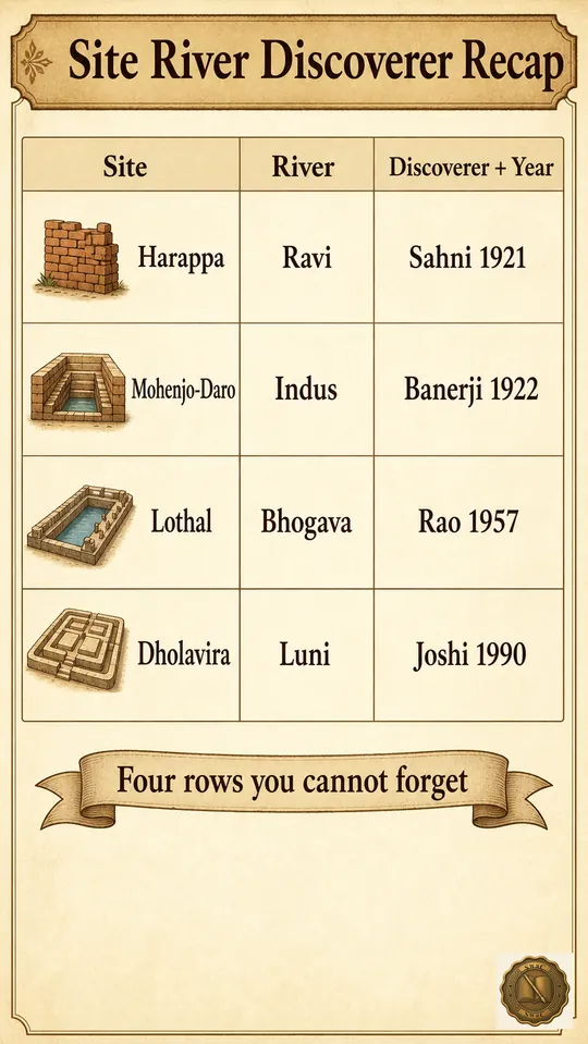 A four-row recap table where each row matches a site to its river and discoverer year, anchoring the unit's most-tested matchings.
