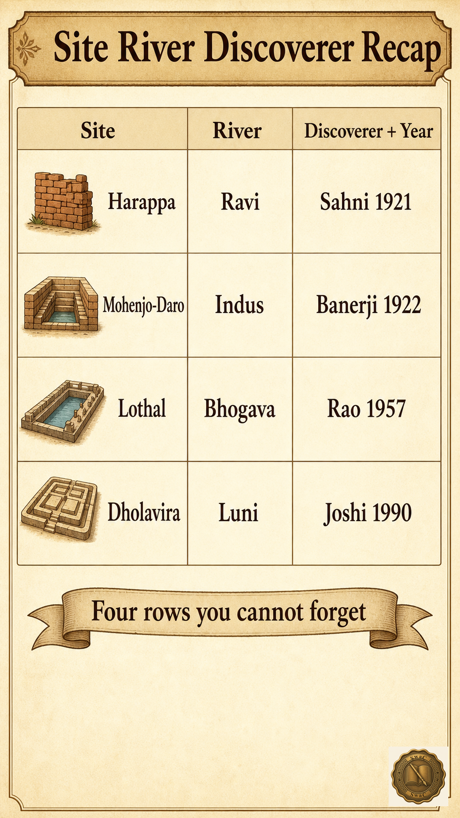 A four-row recap table where each row matches a site to its river and discoverer year, anchoring the unit's most-tested matchings.