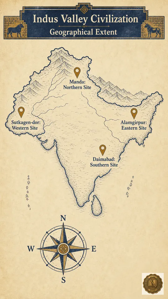 The Indus Valley Civilization as a four-cornered cardinal envelope stretched across the subcontinent, pinned by Manda, Daimabad, Alamgirpur, and Sutkagen-dor.