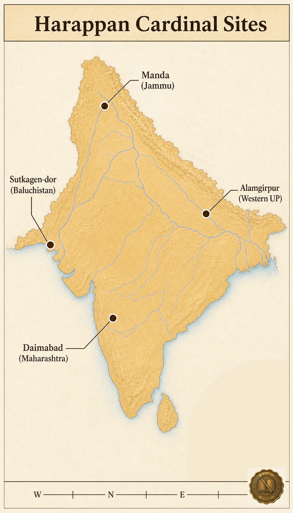 A textbook locator map where each cardinal extreme of the Harappan civilization sits inside its modern administrative region.