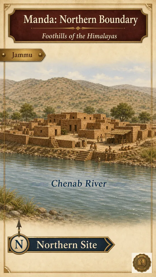A Bronze-Age riverside Harappan outpost at the meeting of the Chenab and the Himalayan foothills, marking the civilization's northern reach.