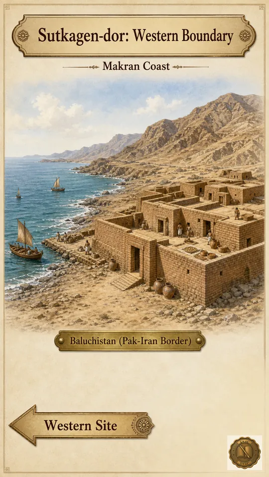 A baked-brick Harappan coastal outpost on the dry Makran shoreline of Baluchistan, with the Arabian Sea opening westward.