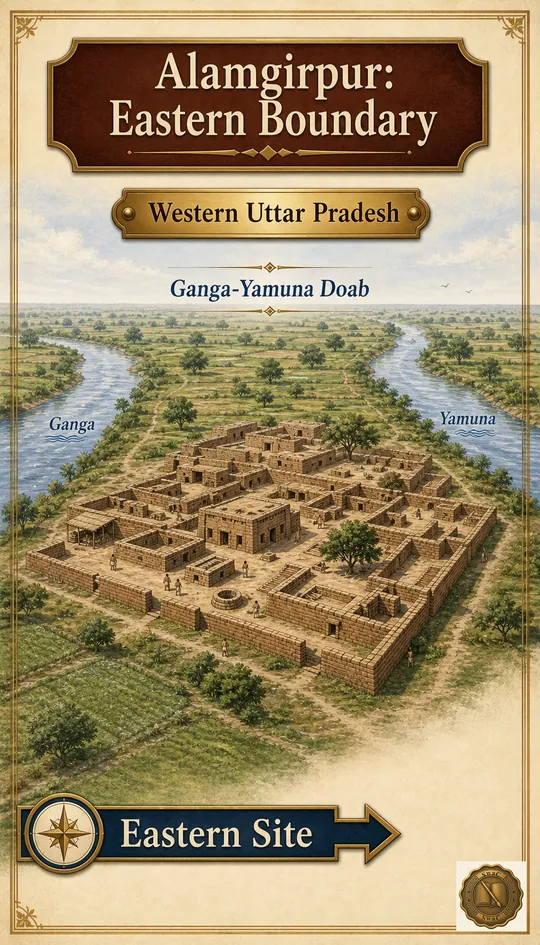 A baked-brick Harappan settlement on the fertile Doab between the Ganga and Yamuna, marking the civilization's eastern reach.
