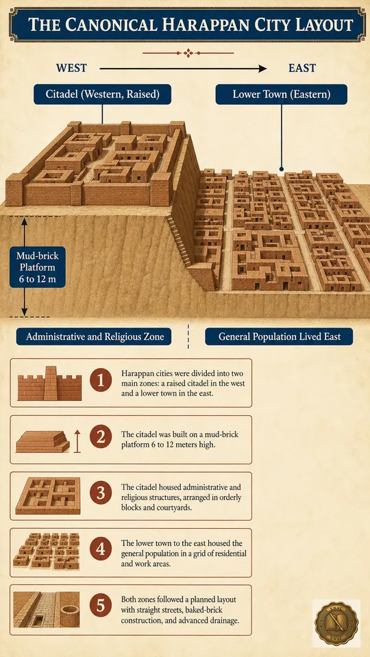 Two zones, one city: the citadel raised on a mud-brick platform 6 to 12 meters high in the west, and the lower town spread out at ground level in the east, separated by a clear gap, with the citadel commanding the floodplain.