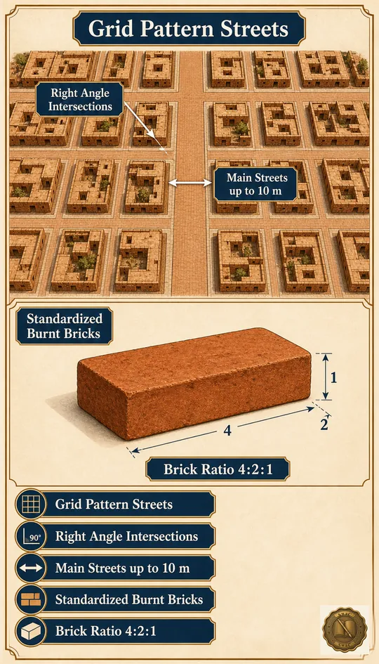 An aerial Harappan grid of baked-brick streets intersecting precisely at right angles like a chessboard, with a magnified inset showing one standardized burnt brick in the exact 4:2:1 length-breadth-height ratio.