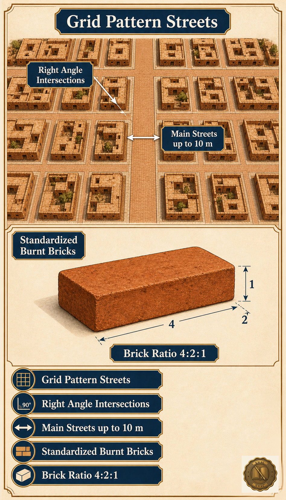 An aerial Harappan grid of baked-brick streets intersecting precisely at right angles like a chessboard, with a magnified inset showing one standardized burnt brick in the exact 4:2:1 length-breadth-height ratio.