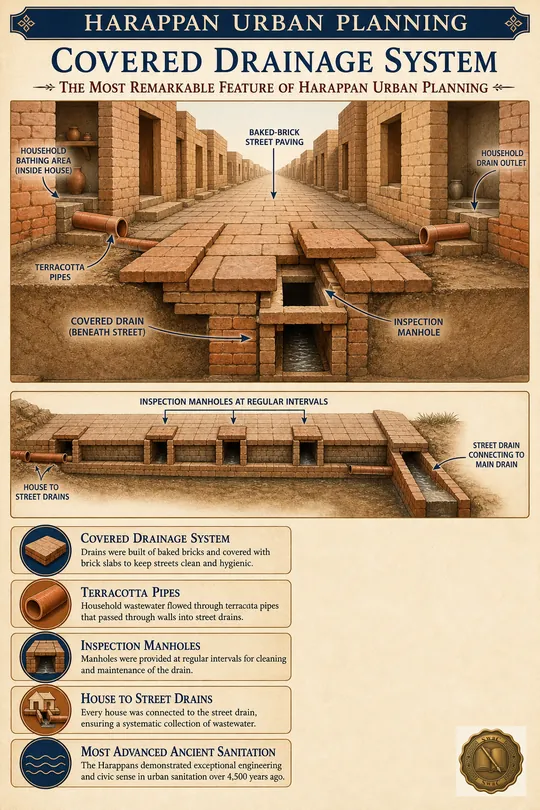A cutaway view of a Harappan street: covered baked-brick drain running beneath the road, terracotta pipes from houses feeding into it, an inspection manhole lifted open to show the channel, with the label that no other ancient civilization had sanitation of this sophistication.