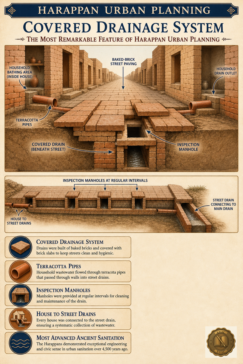 A cutaway view of a Harappan street: covered baked-brick drain running beneath the road, terracotta pipes from houses feeding into it, an inspection manhole lifted open to show the channel, with the label that no other ancient civilization had sanitation of this sophistication.