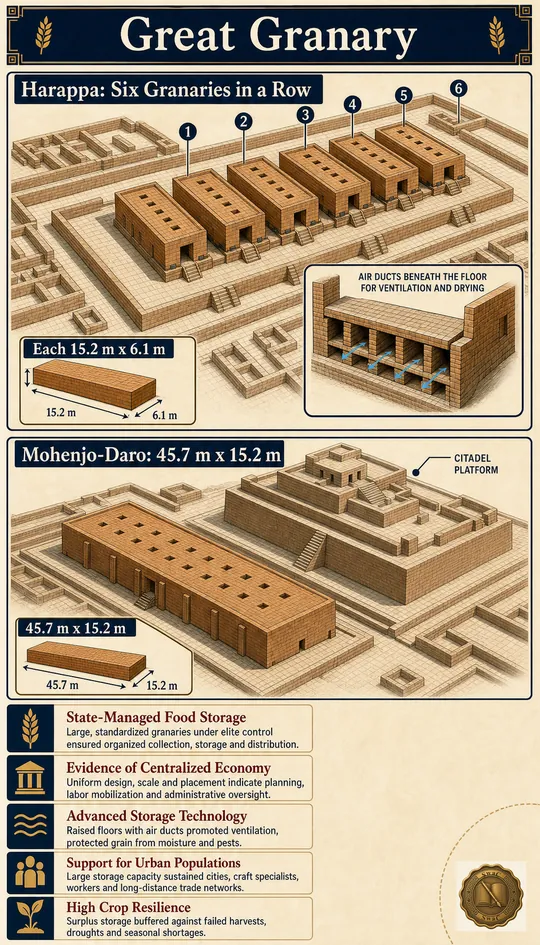 Two side-by-side site plans: on the left, Harappa's six rectangular baked-brick granaries lined up in a row with air ducts beneath the floor; on the right, Mohenjo-Daro's single massive granary block near the citadel - twin pieces of evidence for state-managed food storage.