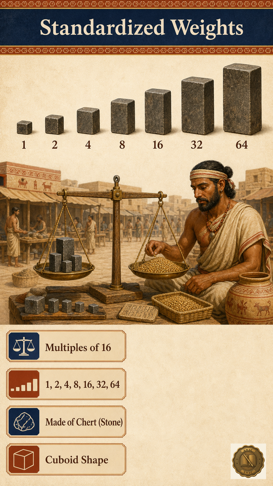 A neat graduated row of cuboid chert weights climbing from tiny to large, each one labelled with its multiple of 16, with a brass-pan balance scale on the side and a marketplace strip in the background where a Harappan merchant weighs goods.
