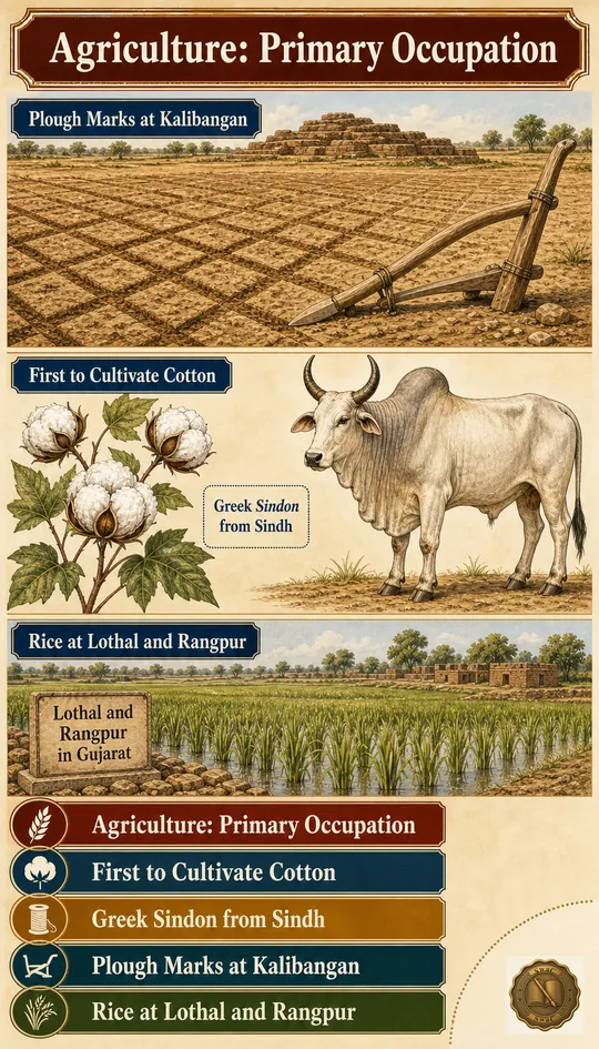 A vertical Harappan farmland scene: foreground furrow marks from a wooden plough labelled Kalibangan, mid-ground cotton bolls and a humped bull, background a paddy field at Lothal and Rangpur, with stacked recall stat strips below.