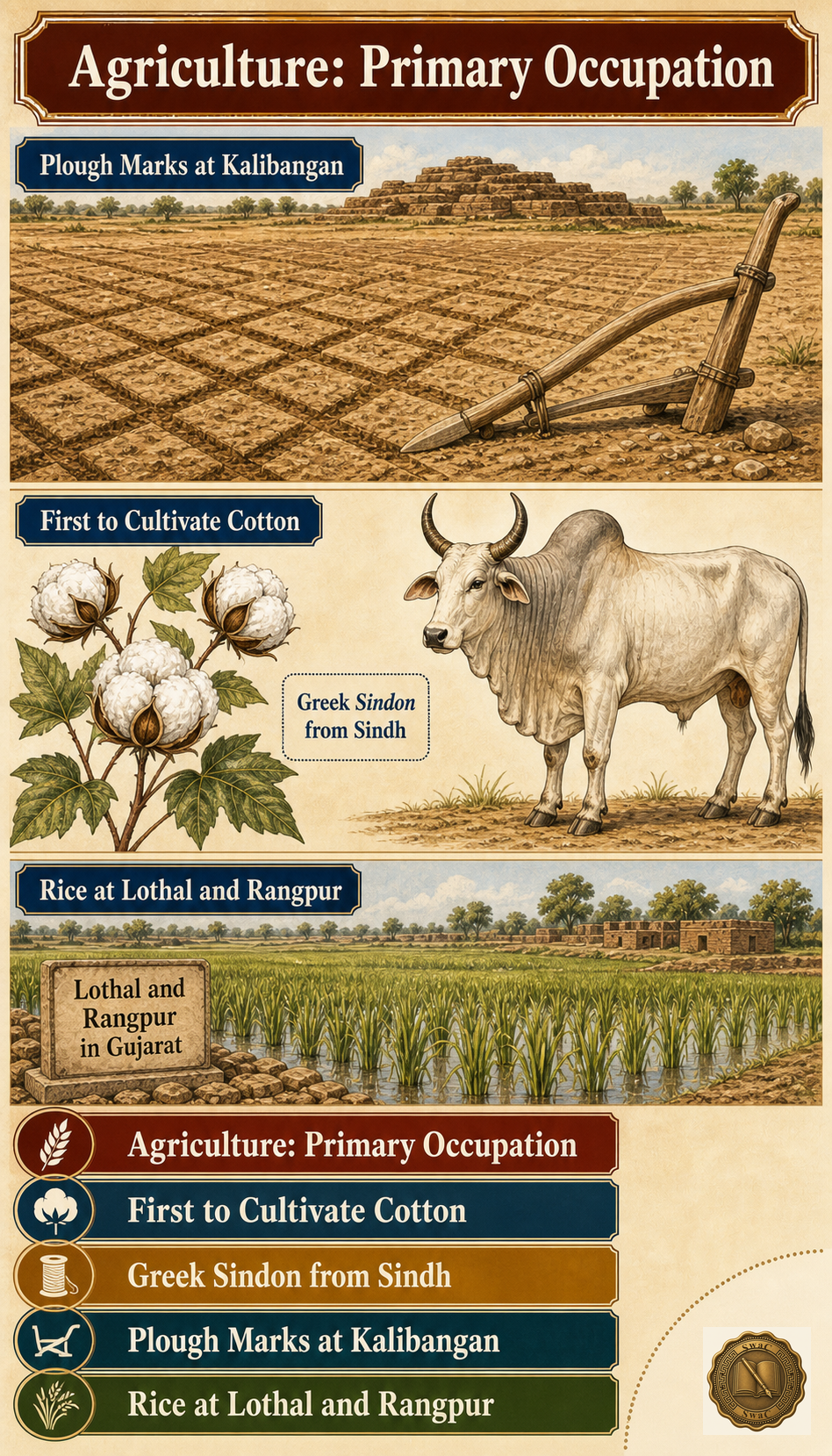 A vertical Harappan farmland scene: foreground furrow marks from a wooden plough labelled Kalibangan, mid-ground cotton bolls and a humped bull, background a paddy field at Lothal and Rangpur, with stacked recall stat strips below.