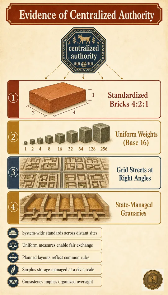 A four-quadrant evidence board: each quadrant shows one piece of evidence for centralized authority - the brick, the weight, the grid plan, the granary - radiating around a central seal labelled centralized authority.