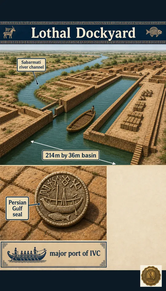 Lothal as a purpose-built Harappan dockyard with a measured basin, fed by a channel from the Sabarmati, where Persian Gulf evidence proves overseas maritime trade.