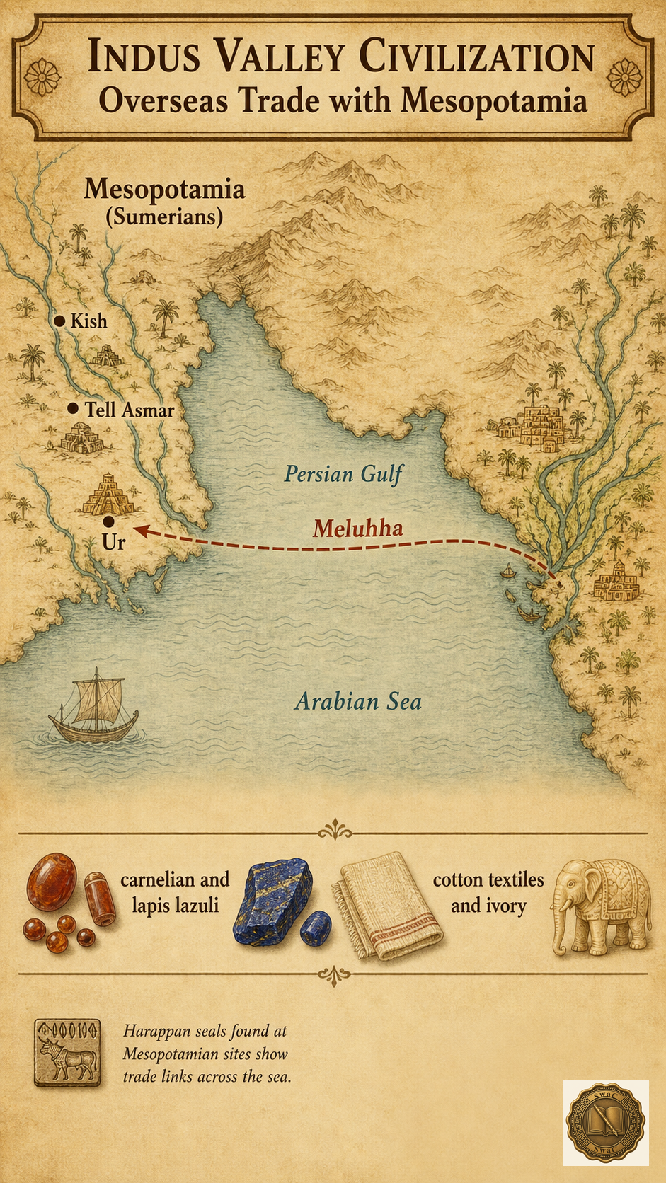 A wide Bronze Age sea route running from the Indus coast across the Persian Gulf to Mesopotamian river-cities, with itemised exports stamped on the route.